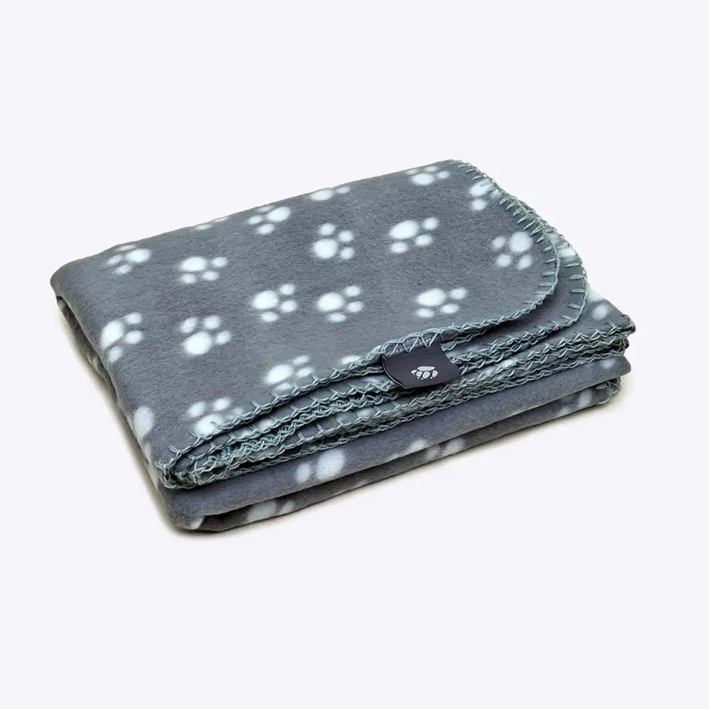 Gray fleece essentials polar blanket by danish design essentials with white paw prints and stitched edges