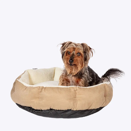 Beige and black plush dog bed with soft cushioned interior from danish design essentials quilted bed beige collection