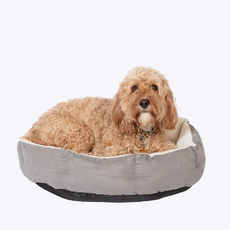 Gray and cream plush danish design essentials quilted bed silver with soft cushioned interior for cozy dogs