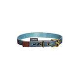 A teal danish design fatface marching dogs collar with white polka dots black dog silhouettes and brass buckle