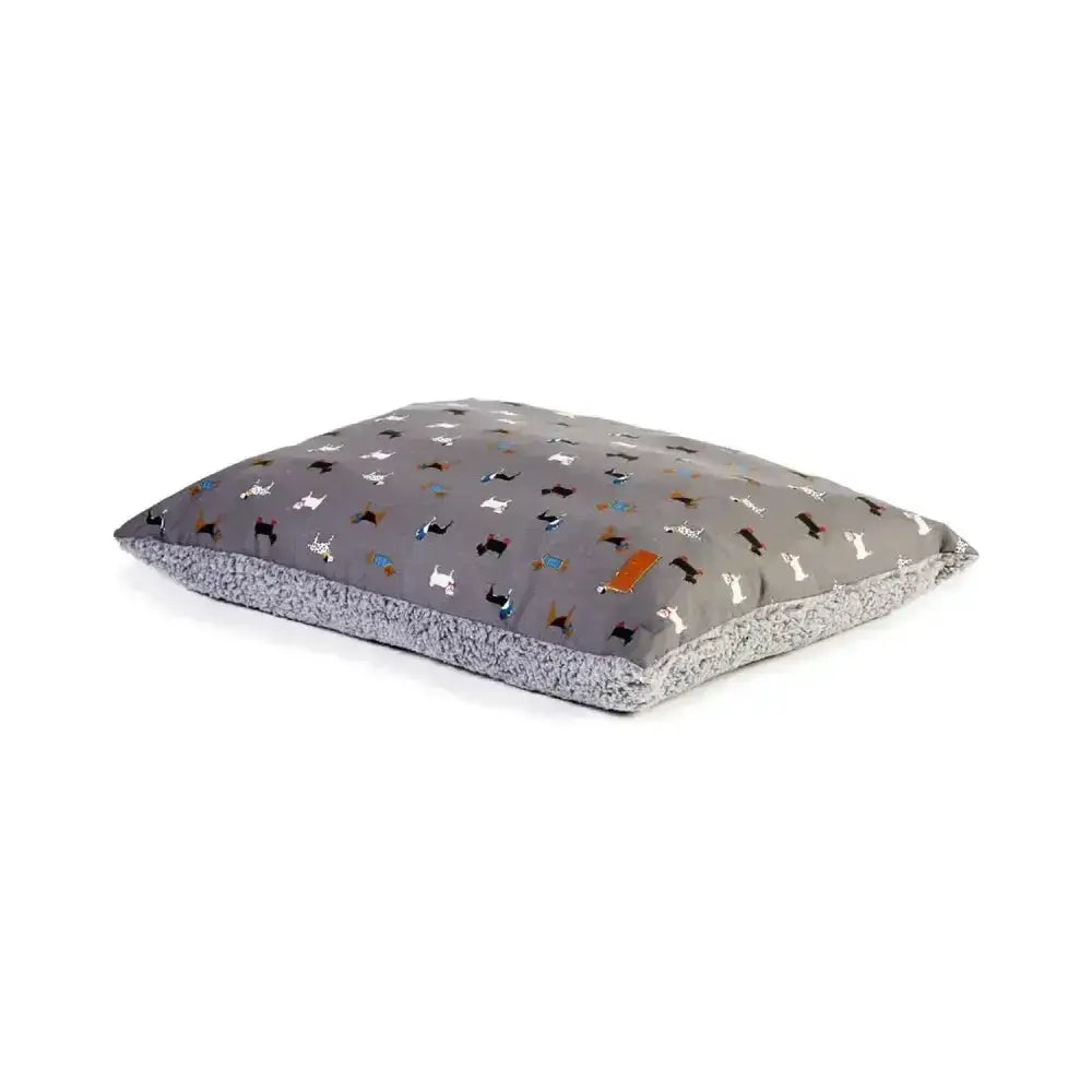 Gray danish design fatface deep duvet dog bed with soft fleece interior and fatface marching dogs exterior pattern