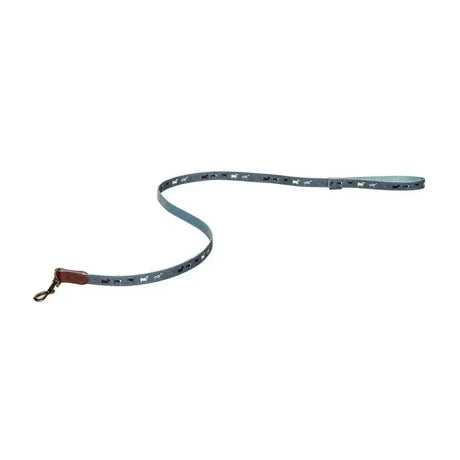 Gray dog-themed fatface marching dogs lead with brown leather handle and metal clasp in danish design fatface style