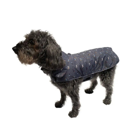 Dark gray waterproof dog coat with white paw prints from danish design fatface marching dogs raincoat collection