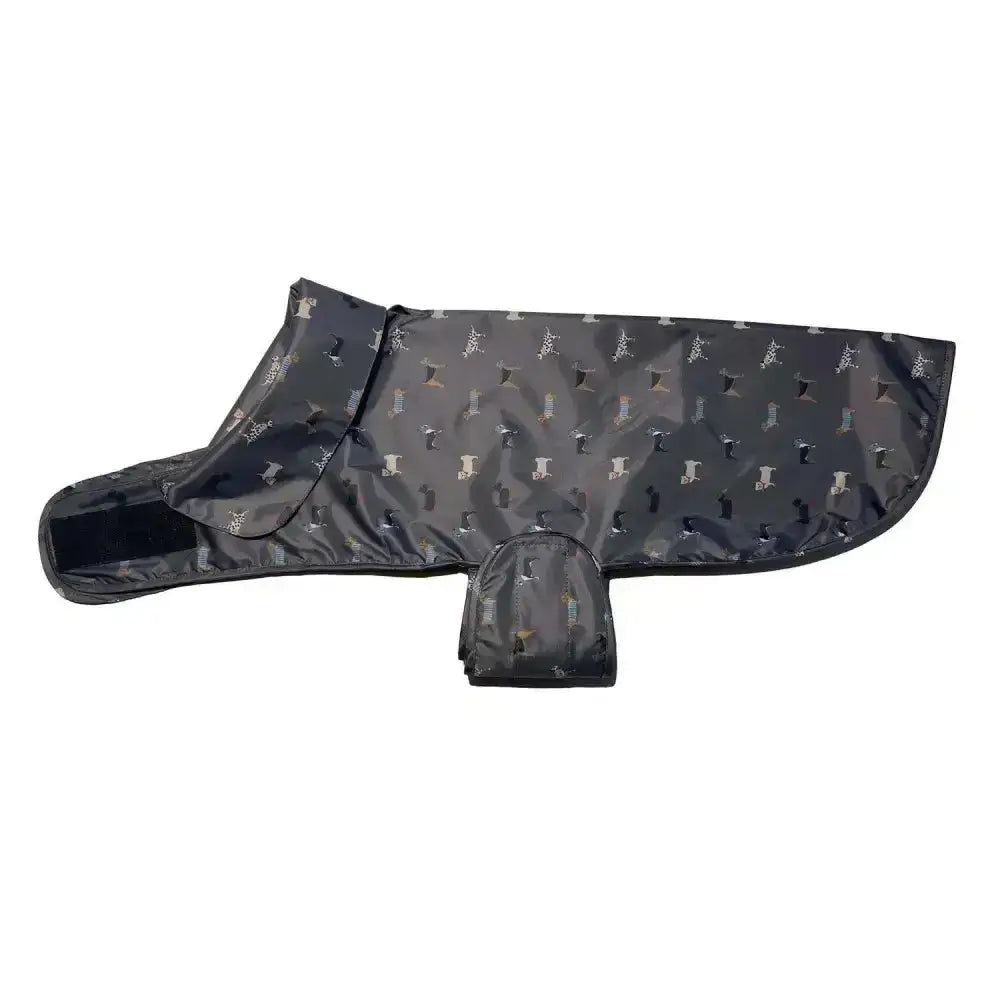 Dark gray waterproof dog coat with subtle white fatface marching dogs pattern danish design fatface raincoat