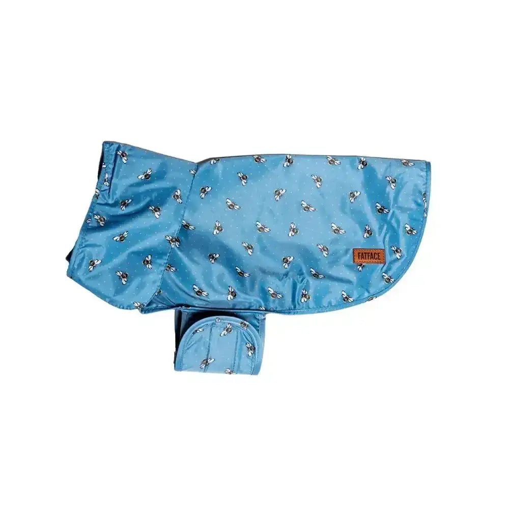 Light blue satin dog coat with a spotty bees raincoat pattern from danish design fatfact bee-utiful spotty bees style