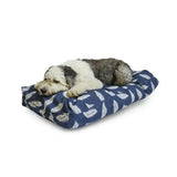 Navy blue danish design feather duvet dog bed with white feather pattern and plush blended memory foam cushioning