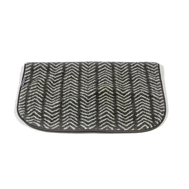 Gray and white herringbone equestrian saddle pad with soft wool fabric matching danish design fleece blanket charcoal arrows