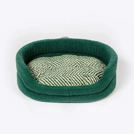Danish design green herringbone fleece slumber dog bed with deep green plush outer and light green black cushion