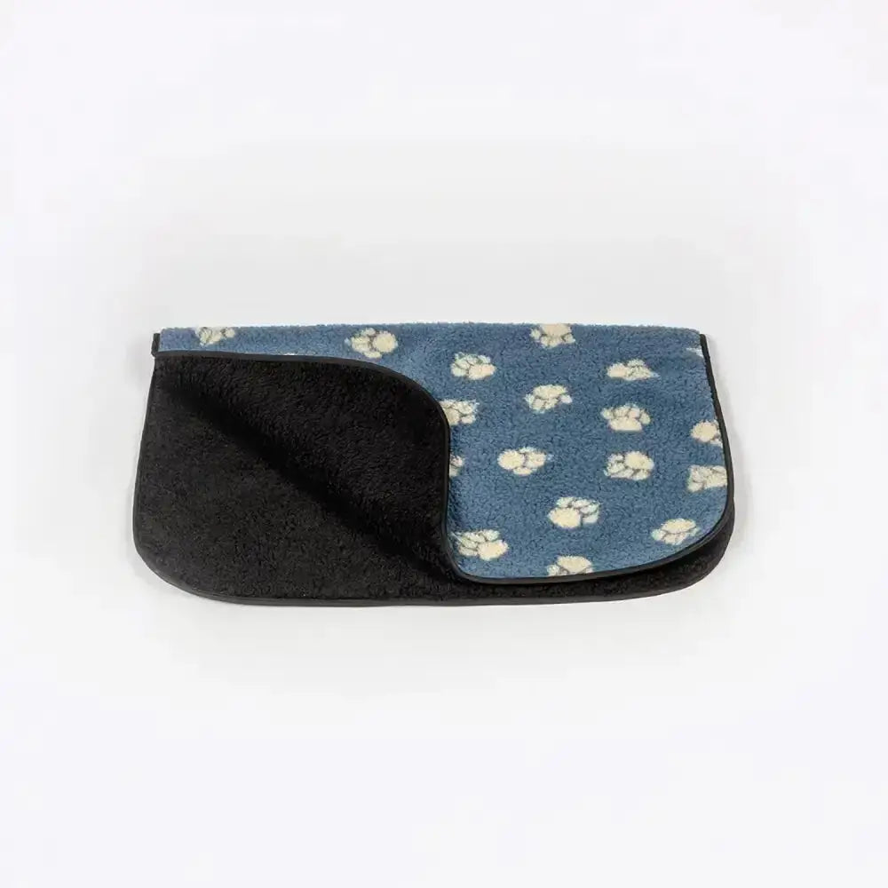 Blue plush danish design harbour paw fleece blanket dog bed with cream paw prints and soft black fleece interior