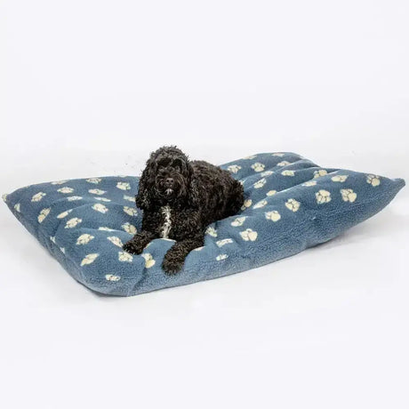 Blue plush dog bed with white paw prints featuring danish design harbour paw fleece deep duvet comfort