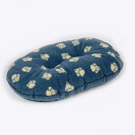 Blue plush dog bed with cream paw print pattern featuring danish design harbour paw fleece quilted mattress