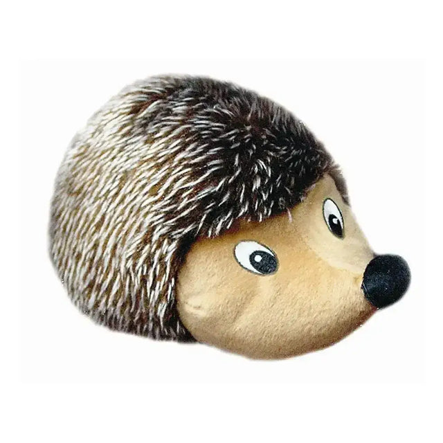 Plush danish design harry hedgehog dog toy with black and beige spiky fur and tan face for outstanding play