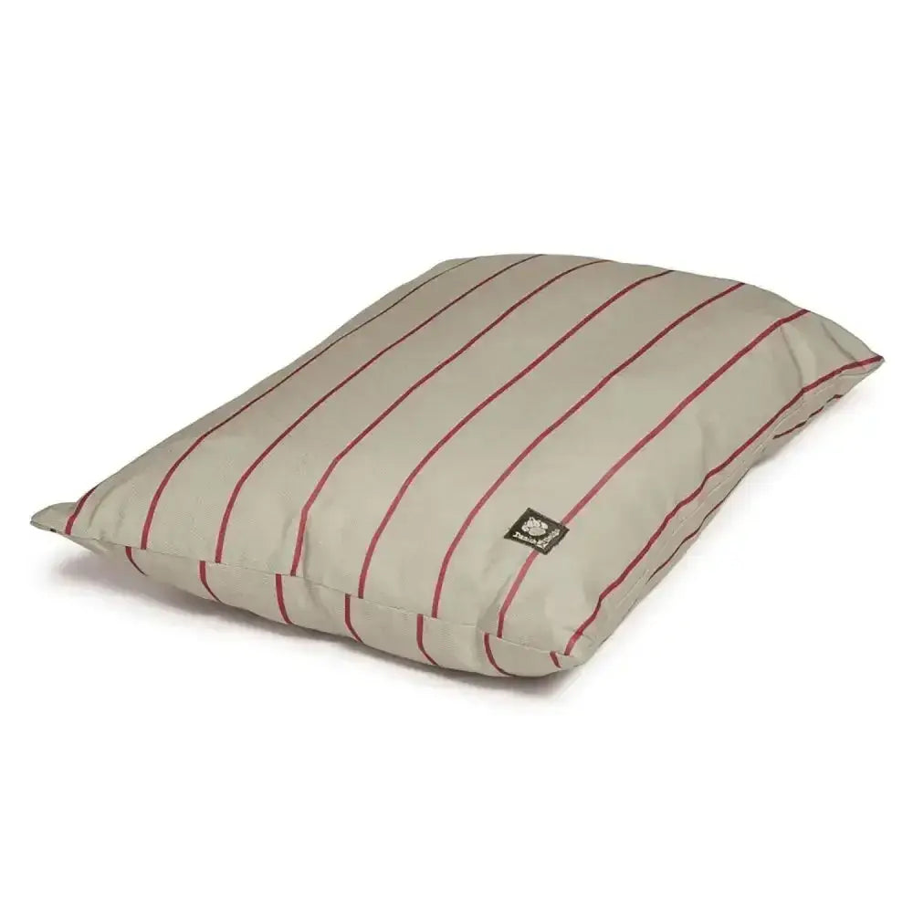 Beige pet bed with thin red stripes and black logo tag from danish design heritage deep duvet cover herringbone dog bed