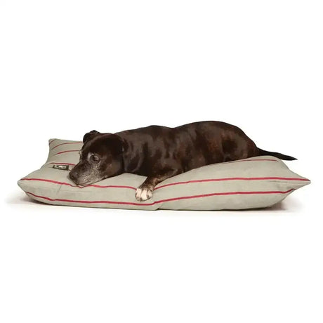 Beige danish design heritage heritage deep duvet dog bed with thin red stripes and soft cushioned surface in traditional british design