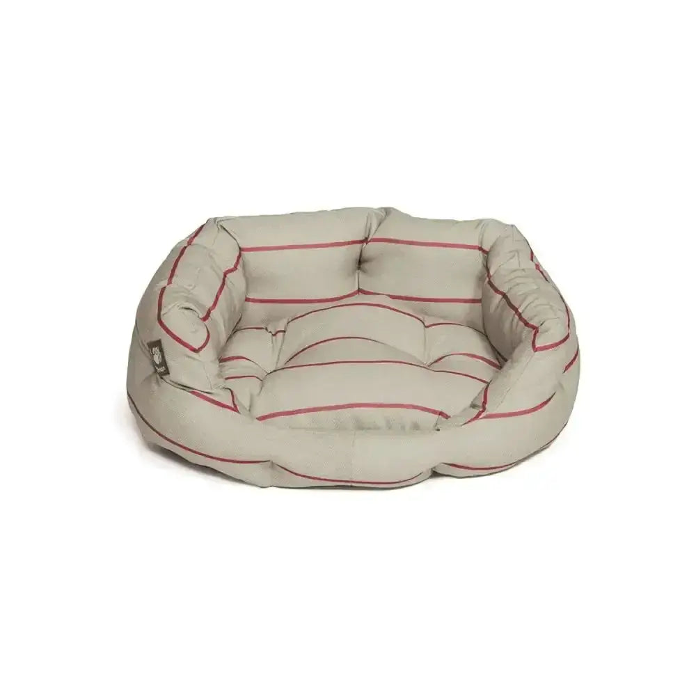 Beige danish design heritage deluxe slumber bed herringbone dog bed with red stripes and stitched detailing