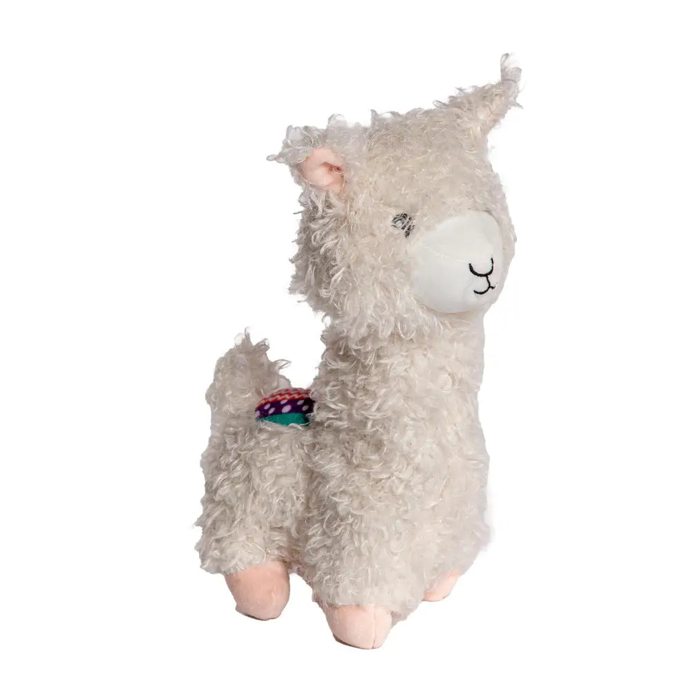 A soft cream-colored plush alpaca toy with curly fur and pink ears and feet danish design lanie the llama 12 i