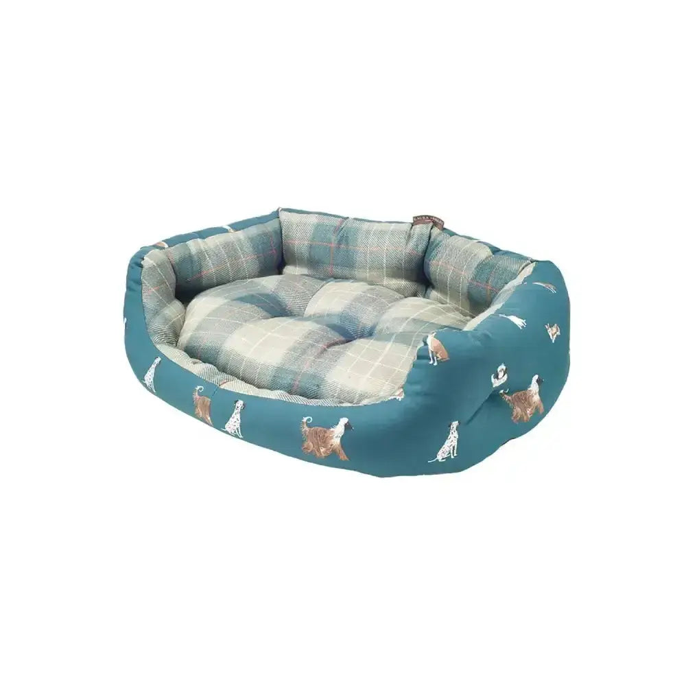Teal danish design laura ashley park dogs deluxe slumber bed with plaid pattern and embroidered dog illustrations