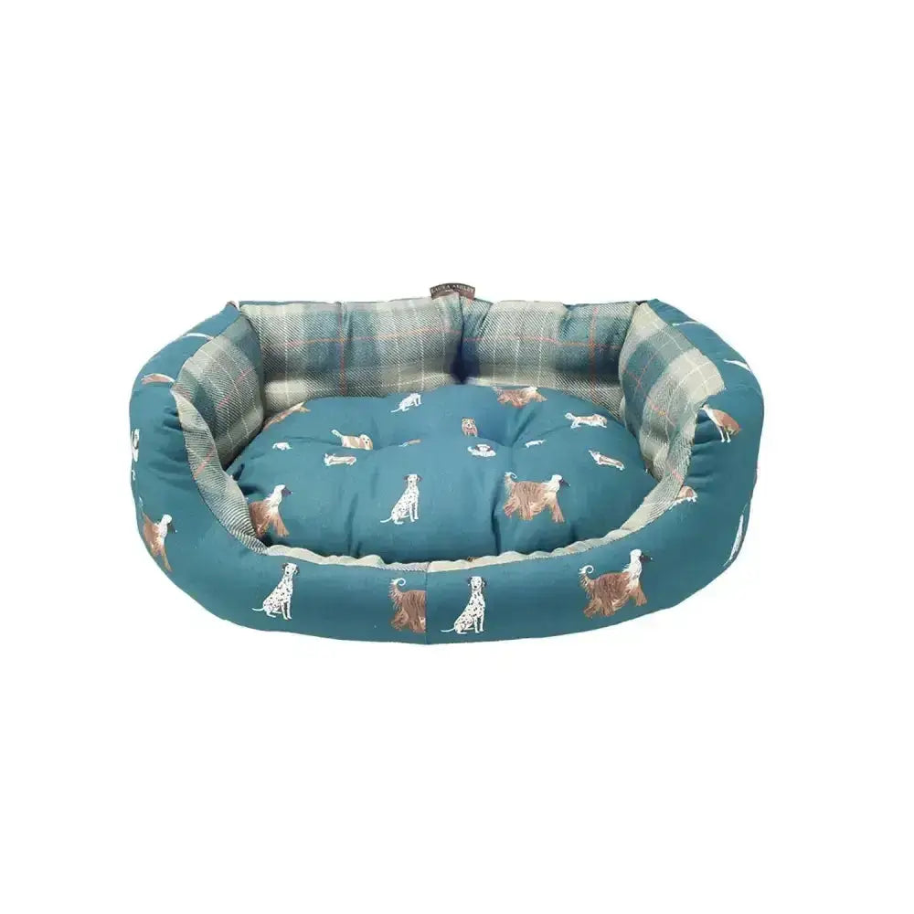 Teal plaid dog bed with embroidered breeds from danish design laura ashley park dogs deluxe slumber bed