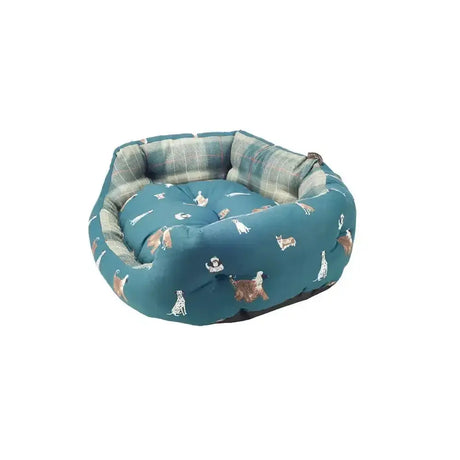 Teal dog bed with ashley park dogs pattern and plaid trim from danish design laura ashley park deluxe slumber bed