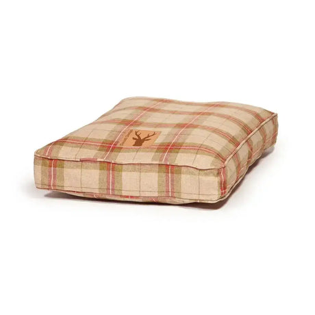 Plaid-patterned danish design newton box bed cover in beige red and green tones for cozy dog beds