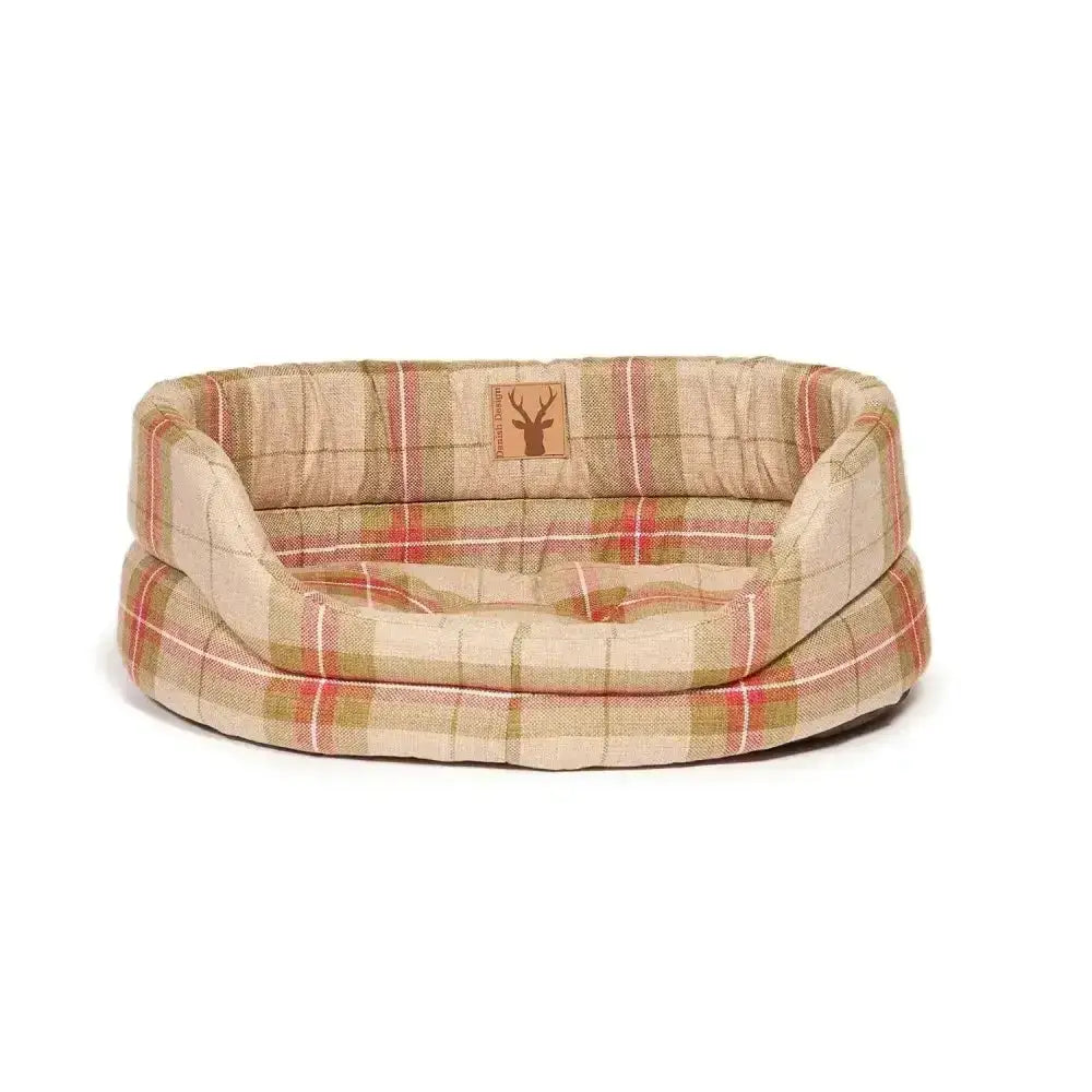 Plaid-patterned danish design newton slumber bed dog bed in beige red and green soft fabric for cozy pets
