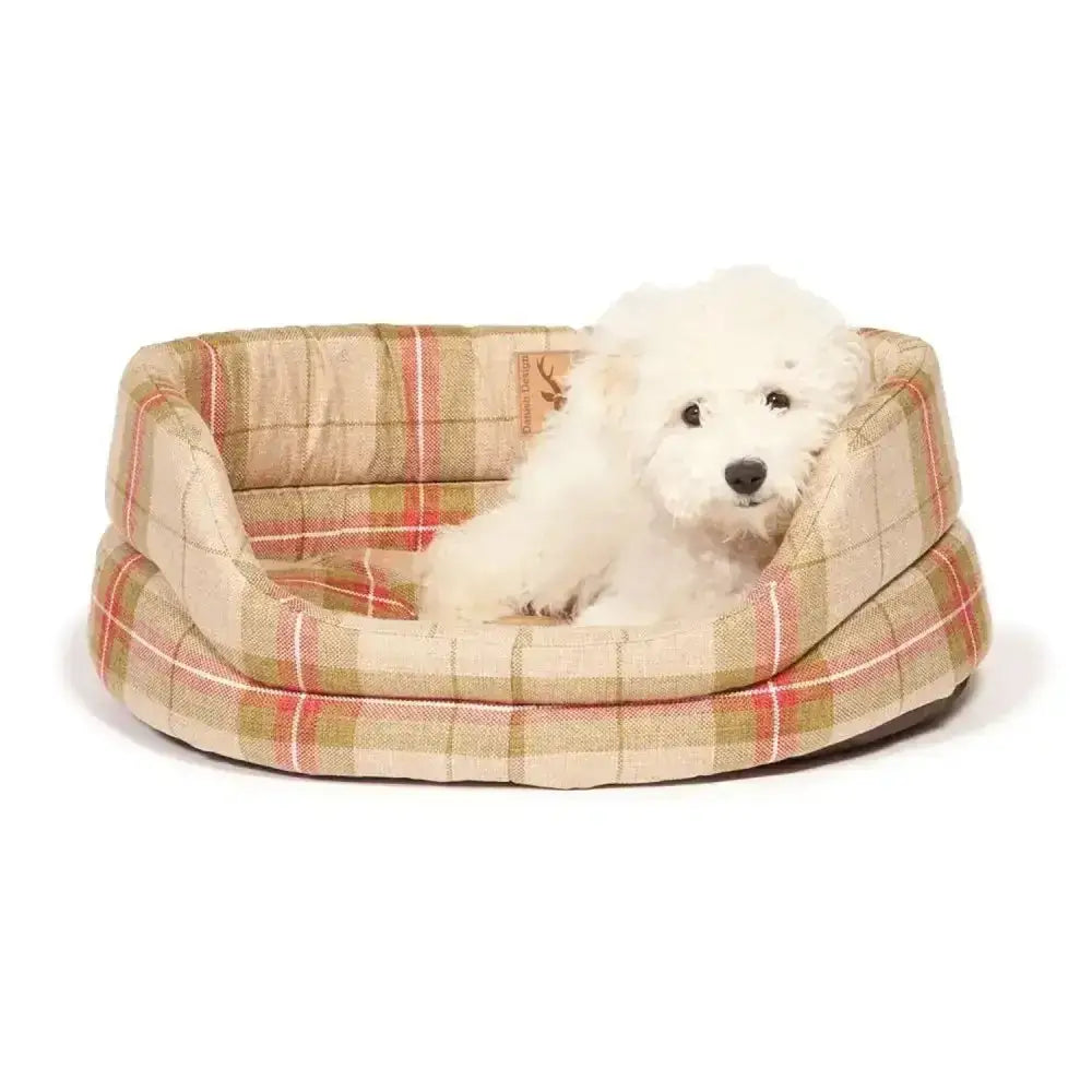 Plaid-patterned danish design newton slumber bed dog bed in beige red and green tones for cozy pet comfort