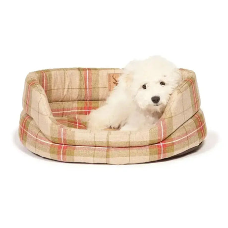 Plaid-patterned danish design newton slumber bed dog bed in beige red and green tones for cozy pet comfort