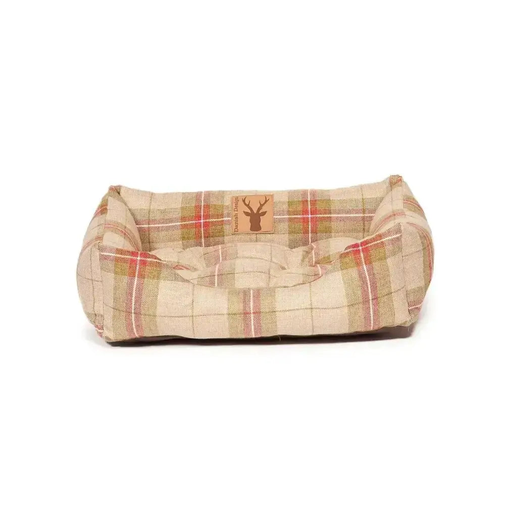 Plaid-patterned danish design newton snuggle bed dog bed in beige red and green soft fabric for cozy pets