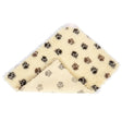 Cream-colored plush danish design pet fleece beige brown blanket with black and brown paw prints and non-slip backing