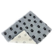 Gray plush danish design pet mat with paw print motif and non-slip white textured backing for pets