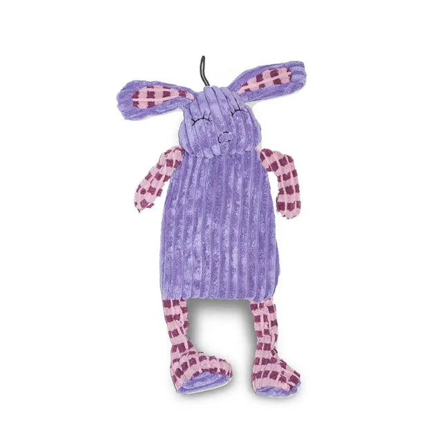Purple corduroy bunny toy with pink and brown checkered accents from danish design rodney plush toys collection