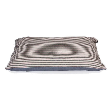 Rectangular pillow with rustic stripes deep pattern in off-white and navy blue matching duvet denim danish design style