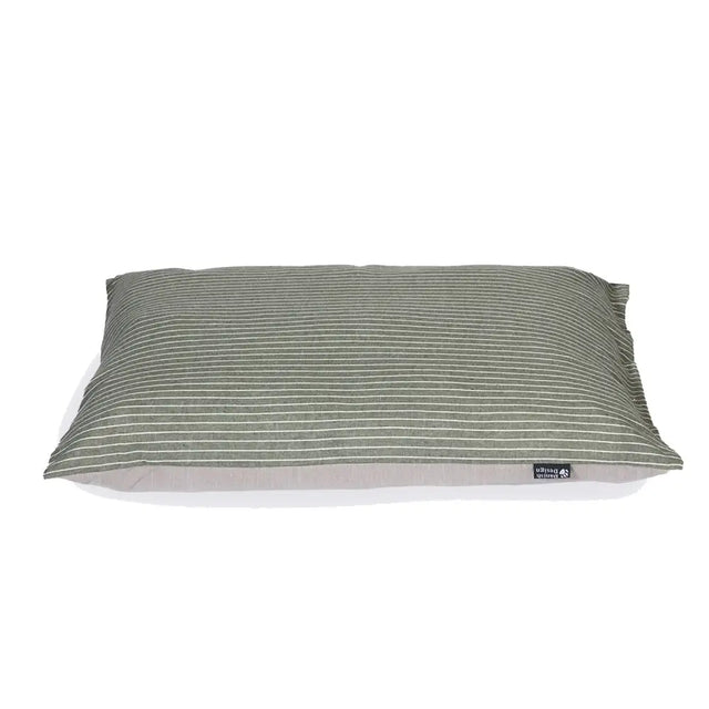 Olive green pillow with thin white rustic stripes and soft textured fabric from danish design rustic stripes deep duvet sage collection