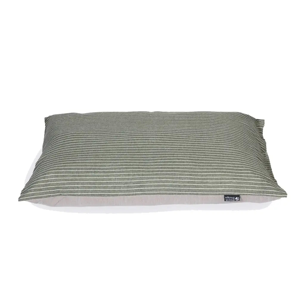 Olive green pillow with thin white rustic stripes and soft textured fabric from danish design rustic stripes deep duvet sage collection