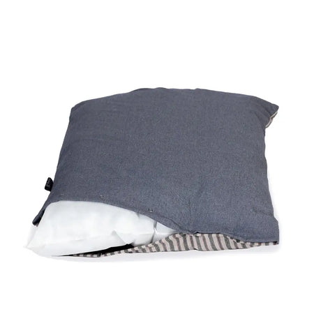 Gray textured fabric pillow with white inner cushion and striped lining in danish design rustic stripes duvet cover denim set