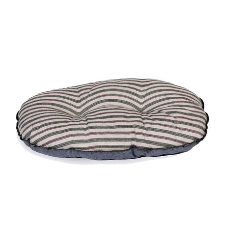 A round cushioned dog bed with soft beige and dark gray rustic stripes quilt fabric top in danish design rustic style