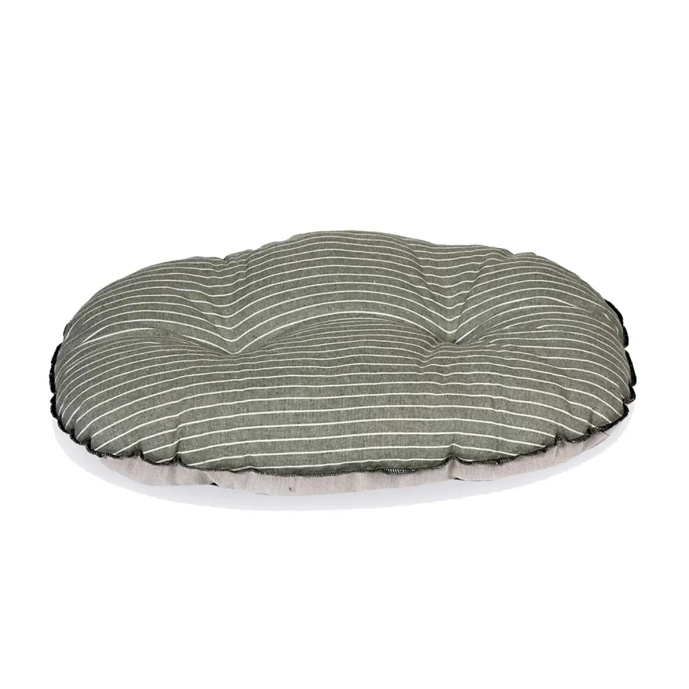 Oval-shaped pet bed in soft olive green fabric with rustic stripes quilt and quilt mattress sage design