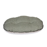 Oval-shaped pet bed in soft olive green fabric with rustic stripes quilt and quilt mattress sage design