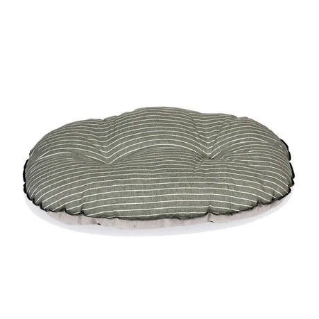 Oval-shaped pet bed with soft olive green fabric and subtle white stripes featuring danish design rustic quilt mattress sage