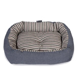 Gray and beige striped pet bed with plush cushioned interior and sturdy fabric exterior danish design rustic stripes snuggle bed