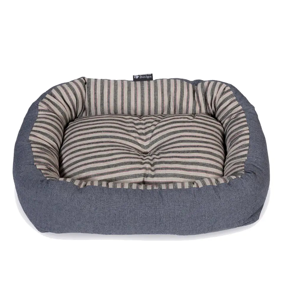 Gray and beige danish design rustic stripes snuggle pet bed with plush cushioned interior and woven ticking stripes fabric
