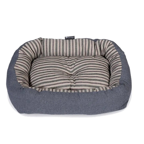 Gray and beige striped pet bed with plush cushioned interior and sturdy woven ticking stripes fabric from danish design rustic