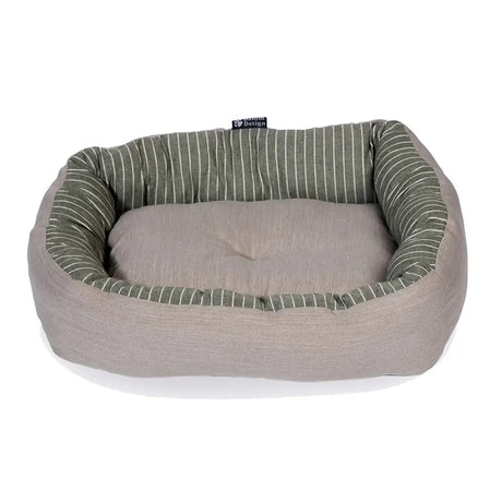 A cozy rectangular dog bed with a soft gray exterior and olive woven ticking stripes interior in danish design rustic style