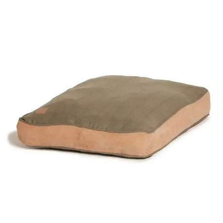 Olive green and tan plush dog bed with soft cushioned design in danish design tweed box duvet style