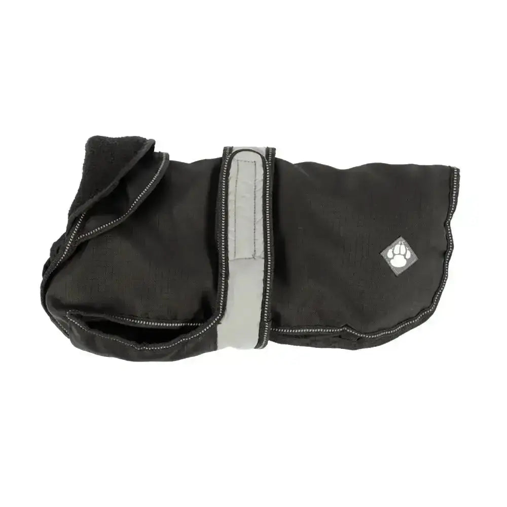 Black waterproof dog coat with reflective gray strip and white paw logo from danish design ultimate 2-in-1 dog coat black