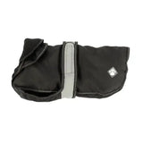 Black waterproof dog coat with reflective gray strip and white paw logo from danish design ultimate 2-in-1 dog coat black