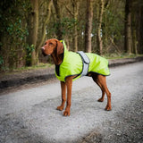 Bright lime green waterproof danish design ultimate 2-in-1 dog coat with reflective striping in vis yellow