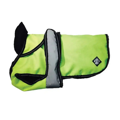 Bright lime green danish design ultimate 2-in-1 dog coat with black trim and reflective vis yellow panel down the center
