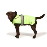 Bright lime green danish design ultimate 2-in-1 dog coat with gray safety strip and black trim in vis yellow color