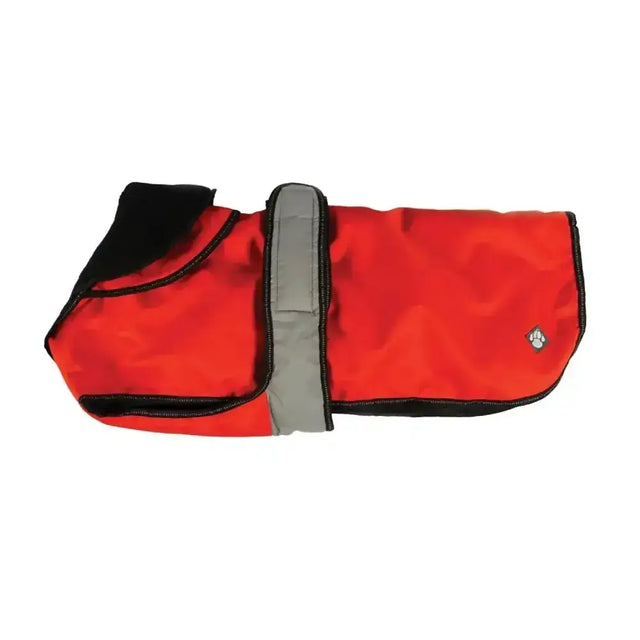 Bright red danish design ultimate 2-in-1 dog coat orange with black trim and reflective gray strap for safety and style